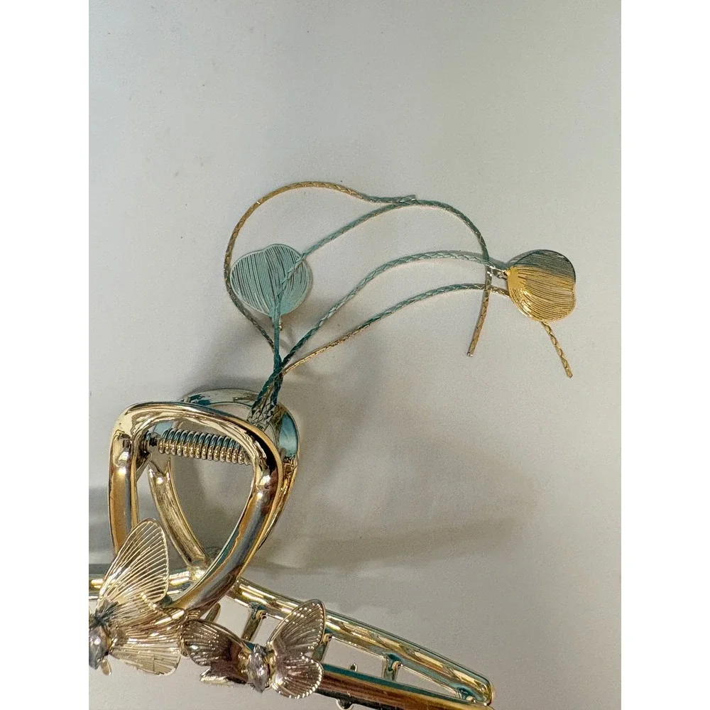 Gold Butterfly Hair Claw Clip Teal Enamel Rhinestone Dangle Tassel